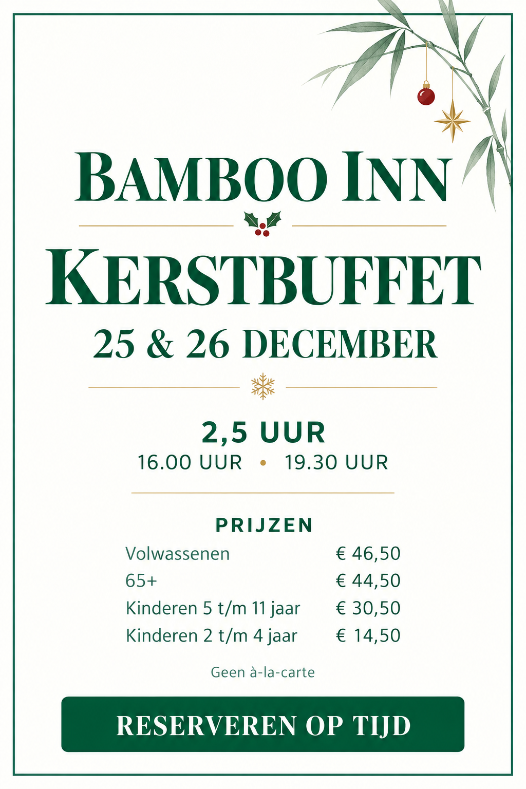 Kerstbuffet bij Bamboo Inn op 25 en 26 december